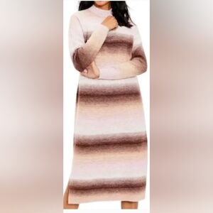Loft Ombre Striped Long Sleeve Cozy Knit Sweater Midi Dress in Brwn, Pink, White